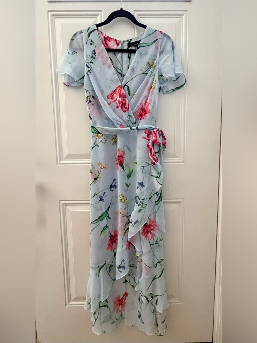 White House Black Market Light Blue Ruffle Floral High-Low Wrap Dress - Picture 3 of 15